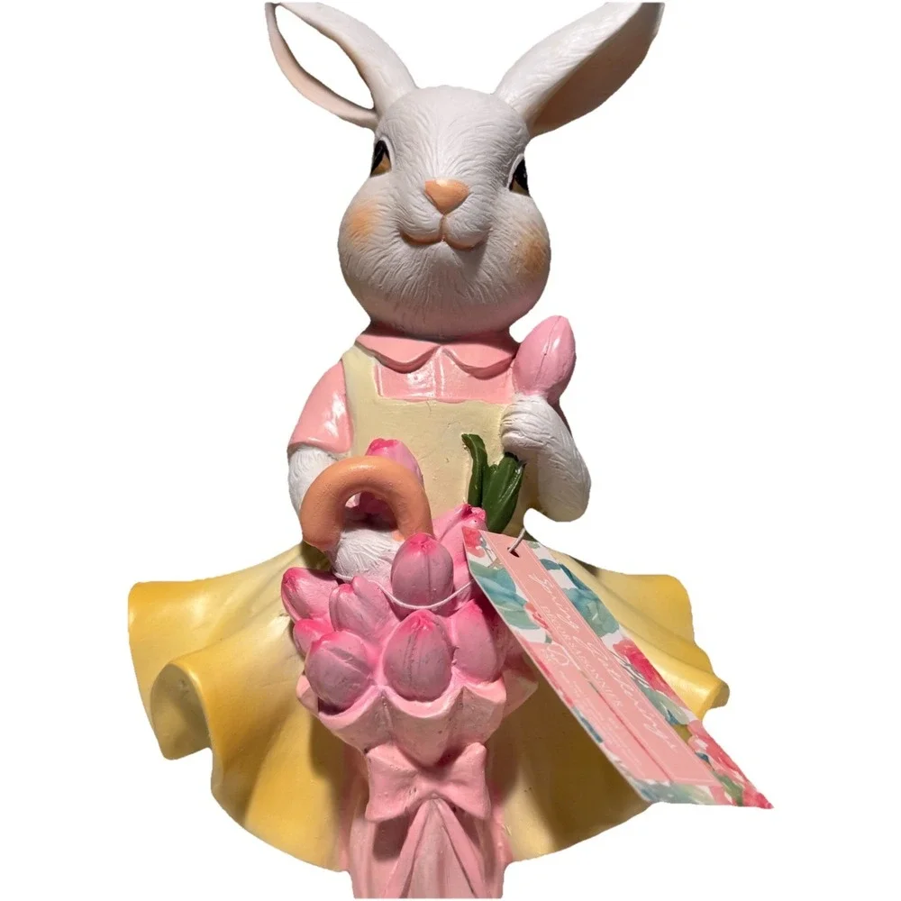 NEW Spring Gatherings EASTER BUNNY Pink RABBIT Figurine W/ Umbrella Decor Statue